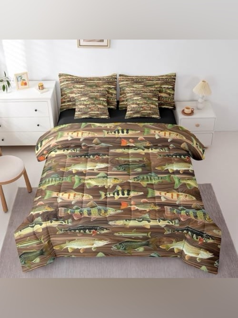 Feelyou Bass Fish Comforter Set Twin Size Fishing and Hunting Bedding Set